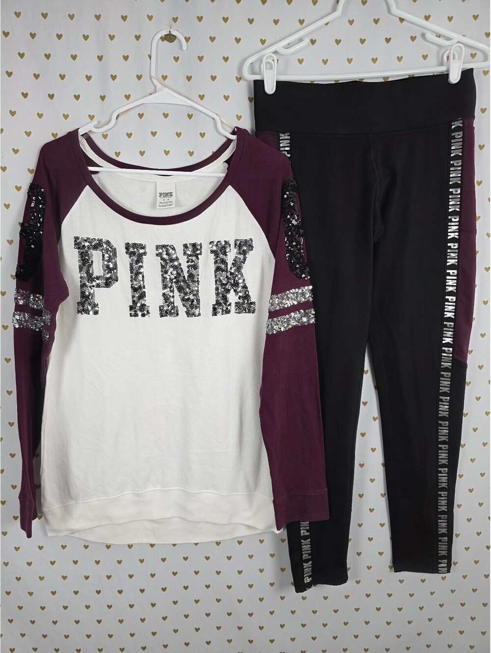 Victoria’s Secret PINK Sequin BLING Shirt Leggings Set M Cheetah SET